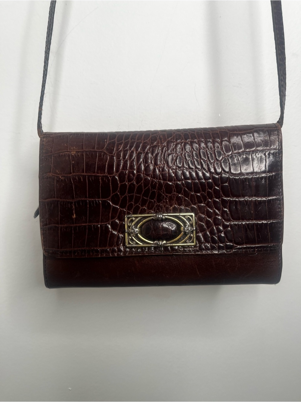 Vtg Brighton Croc-Embossed Leather Shoulder Bag Crossbody Oranizer Brown Black